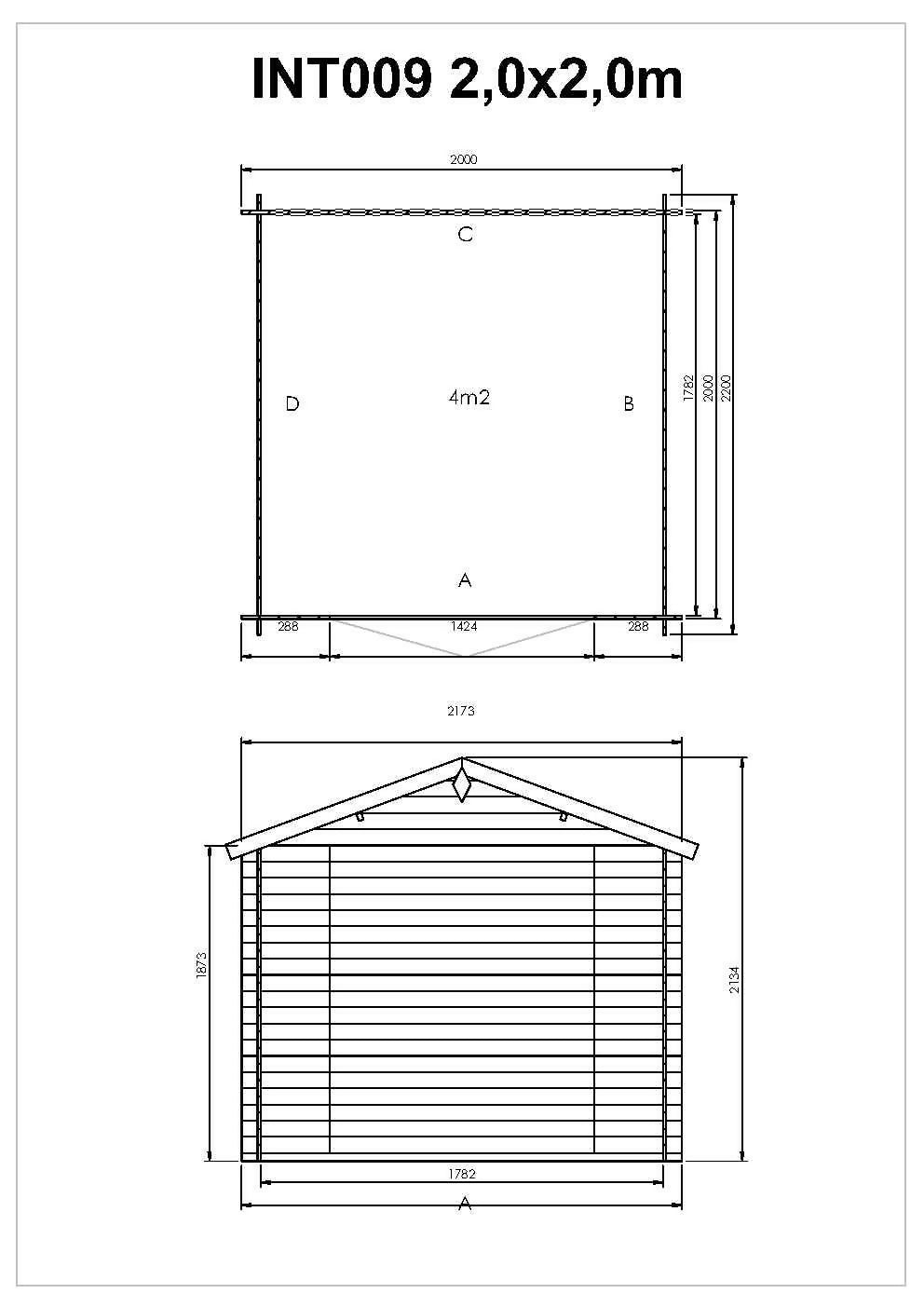 Abri de jardin en bois, ep19mm, surface utile 3,18m², 200x200x213cm, INT009/INEKSA