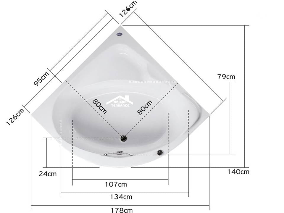 Baignoire d'angle en acrylique lucite SANTORINI 127x127x40,5 cm avec robinetterie clicktofournisseur.com