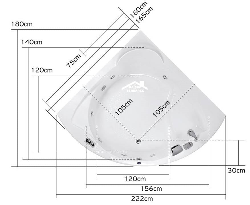 Baignoire d'angle en acrylique lucite balnéo à 10 jets SERIFOS 160X160X42,5 cm clicktofournisseur.com