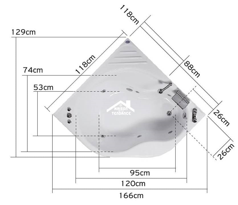 Baignoire d'angle en acrylique lucite balnéo à 6 jets IKARIA 120x120x42 cm clicktofournisseur.com
