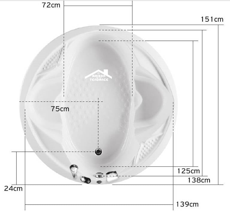 Baignoire en acrylique lucite ronde balnéo à 6 jets HAWAI 150x150x38 cm