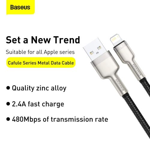 USB cable for Lightning Baseus Cafule, 2.4A, 0,25m (black)