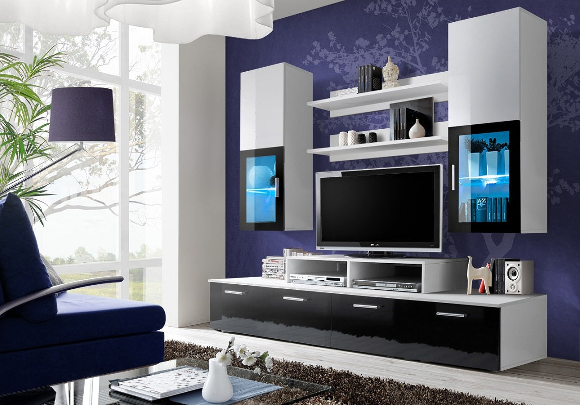 Ensemble meuble TV CRYSTAL noir et blanc de haute brillance