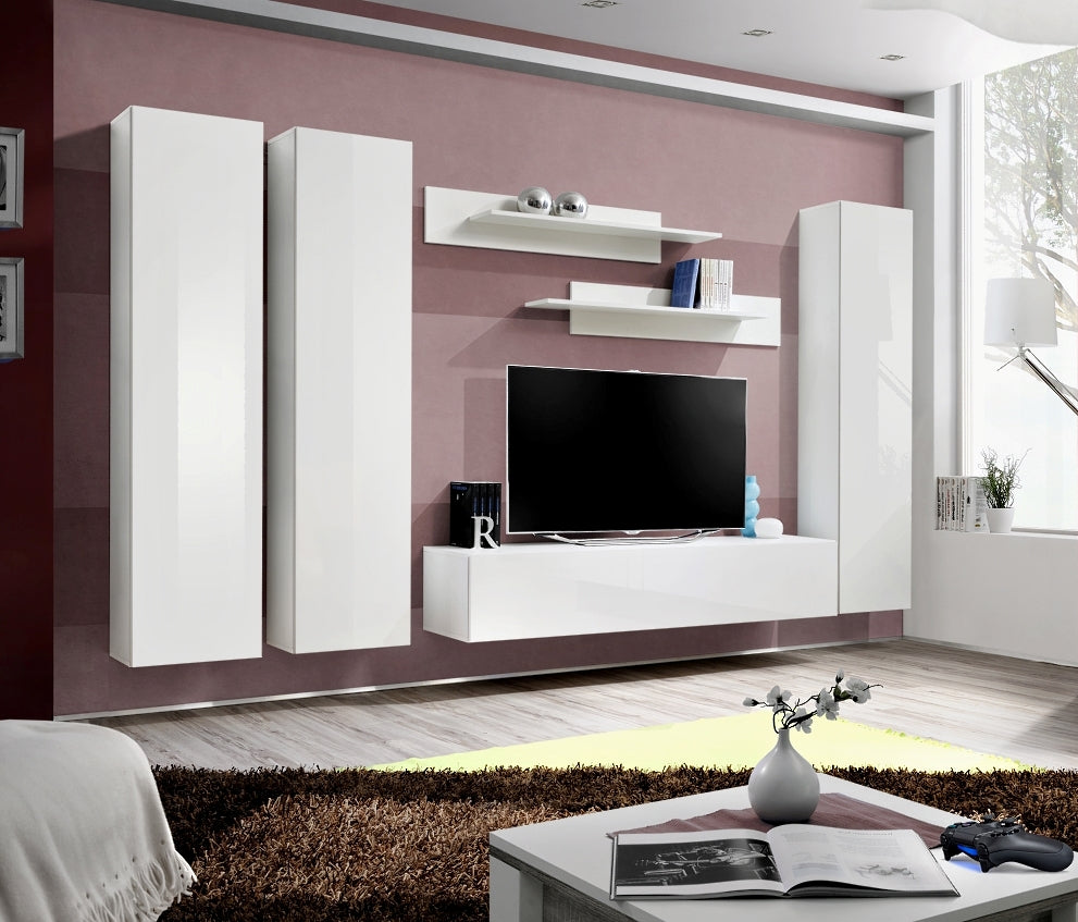 Ensemble meuble TV mural FLY-C blanc de haute brillance