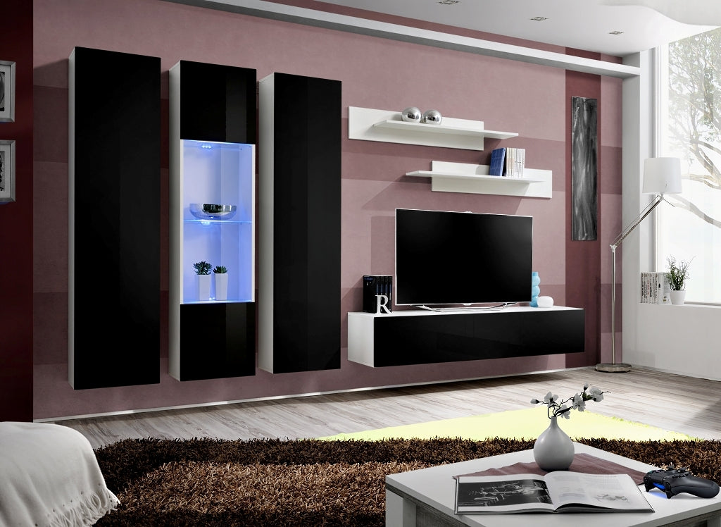 Ensemble meuble TV mural FLY-C noir et blanc avec LED