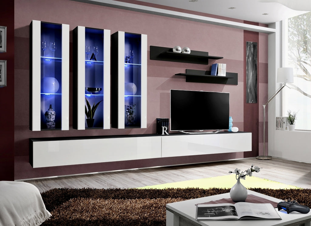 Ensemble meuble TV mural FLY-E noir et blanc de haute brillance avec LED clicktofournisseur.com