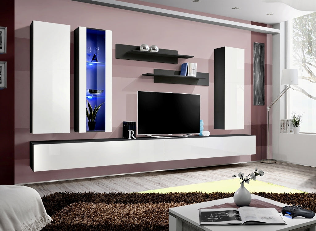 Ensemble meuble TV mural FLY-E noir et blanc de haute brillance avec LED clicktofournisseur.com