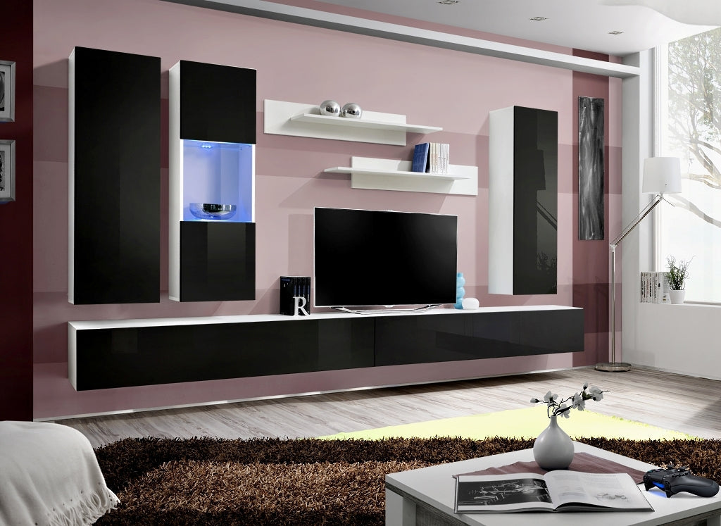 Ensemble meuble TV mural FLY-E noir et blanc de haute brillance avec LED clicktofournisseur.com