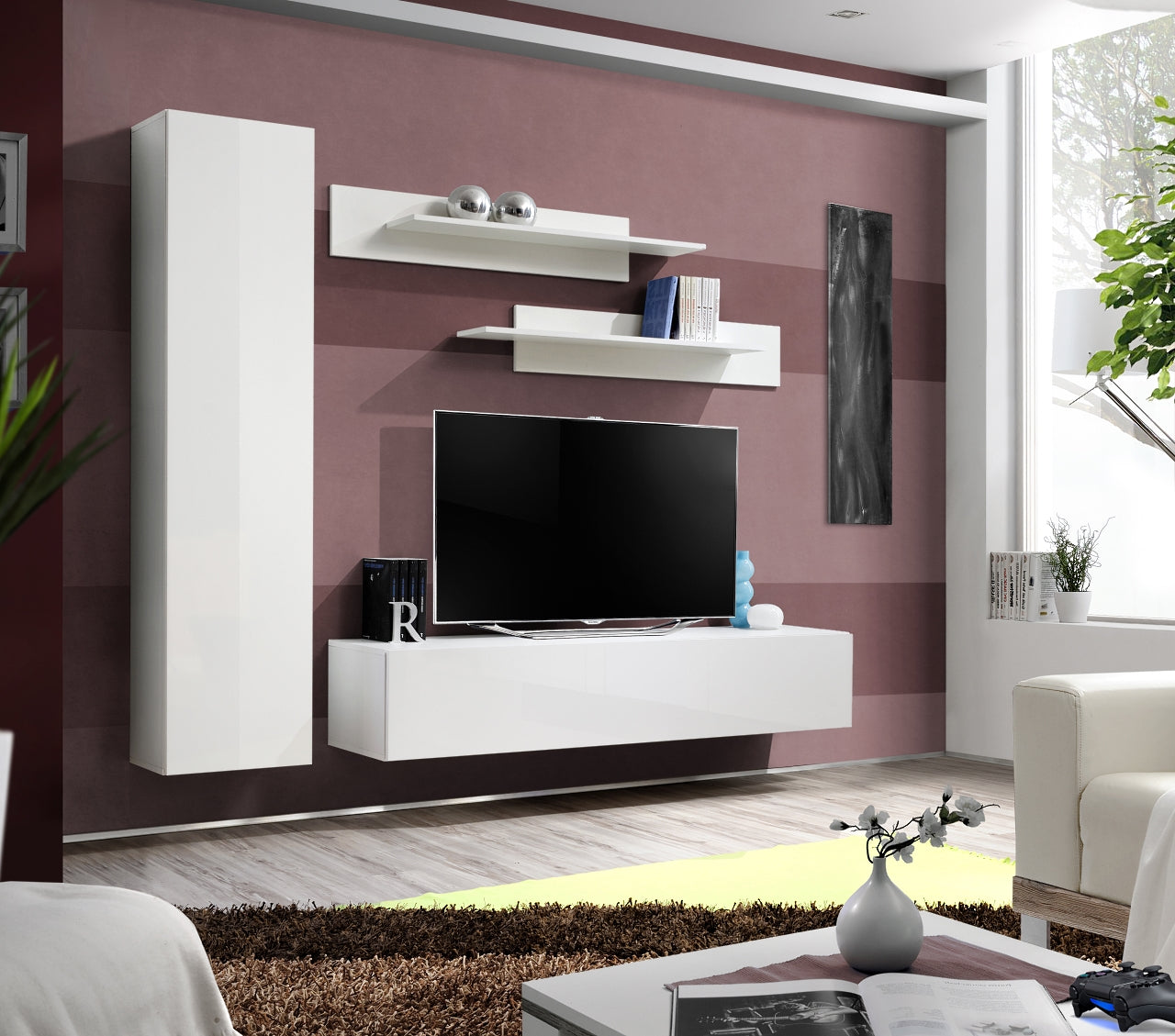 Ensemble meuble TV mural FLY-G blanc de haute brillance