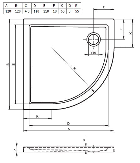 Grand receveur de douche acrylique quadrant RIHO ZURICH 288 120x120x4,5cm