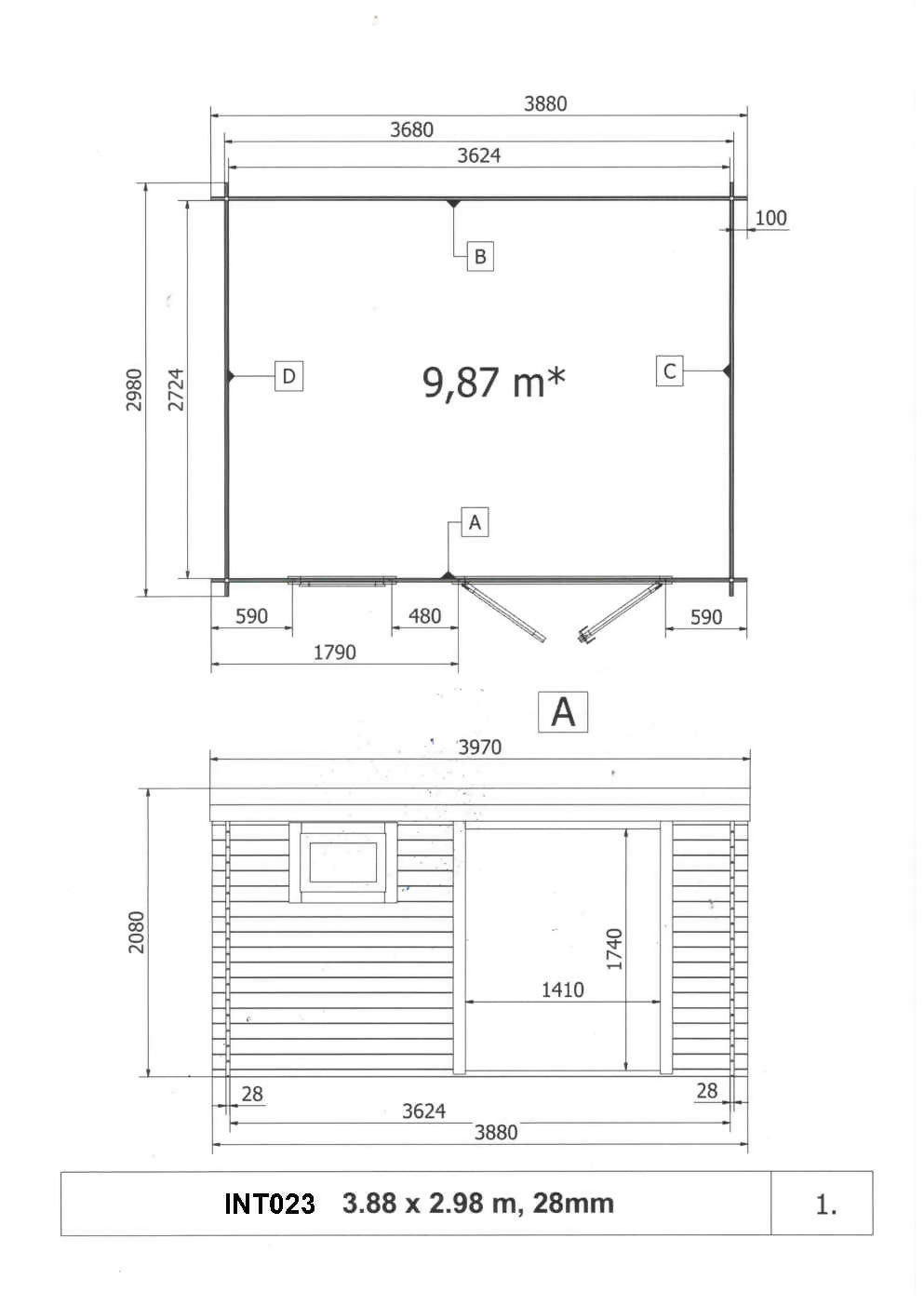 Abri de jardin en bois, ep 28mm, surface utile 9,9m², 388x298x208cm, INT023/INEKSA