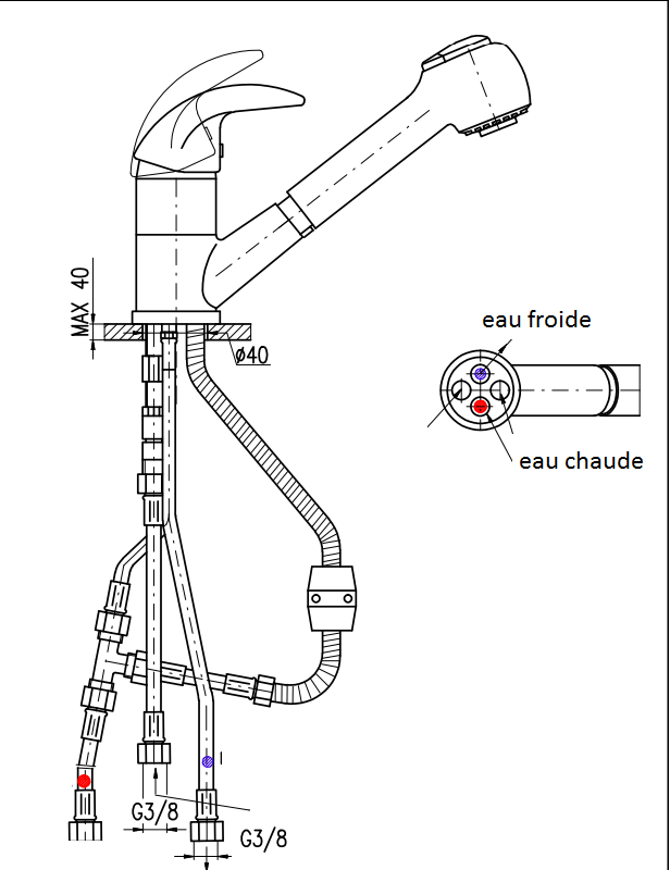 Mitigeur évier basse préssion avec douchette extractible