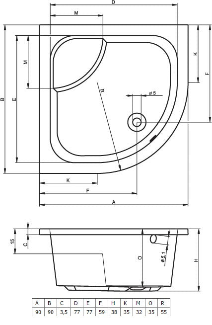 Receveur de douche acrylique quadrant avec assise RIHO 342 90x90x35cm