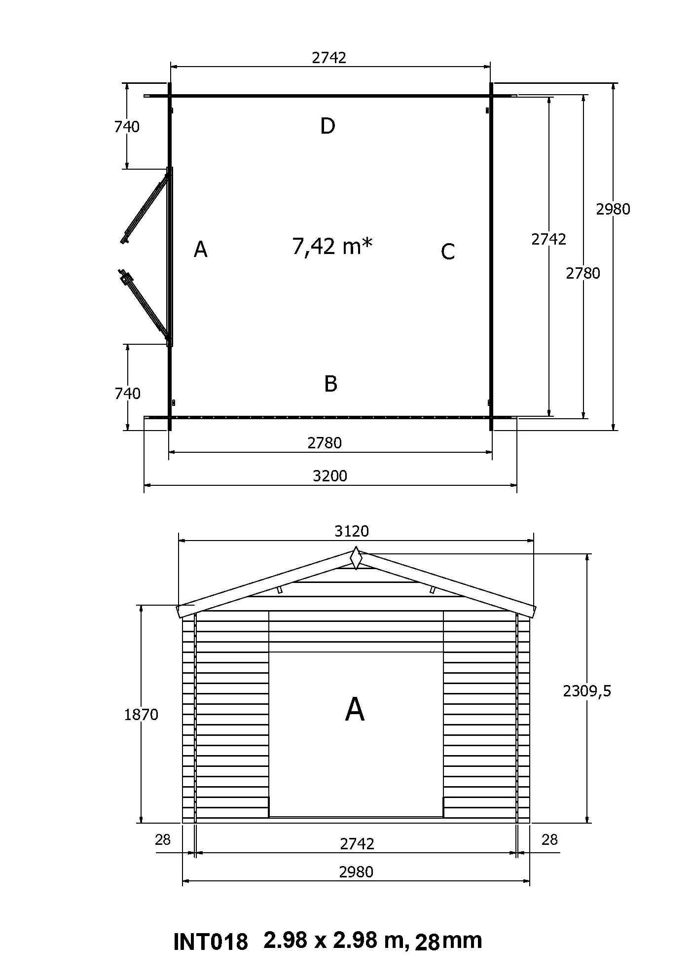 Abri de jardin en bois, ep 28mm, surface utile 7.5m², 298x298x235cm, INT018/INEKSA