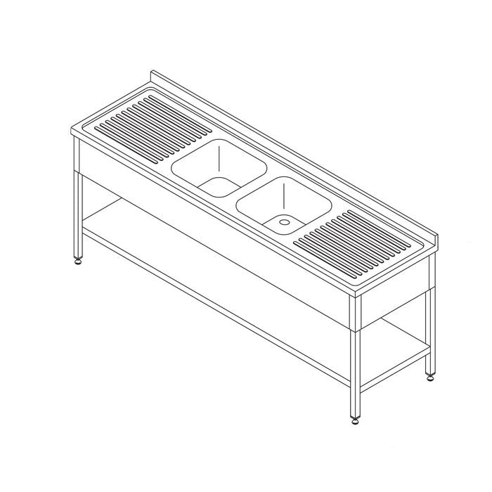 Plonge -210 x 70 cm - avec 2 éviers et dosseret - incl étagère de rangement