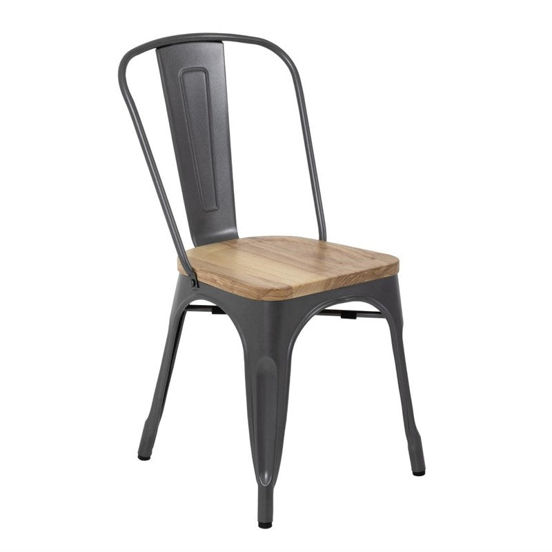 LOT DE 4 CHAISES BISTRO EN ACIER AVEC ASSISE EN BOIS GRIS MÉTALLISÉ