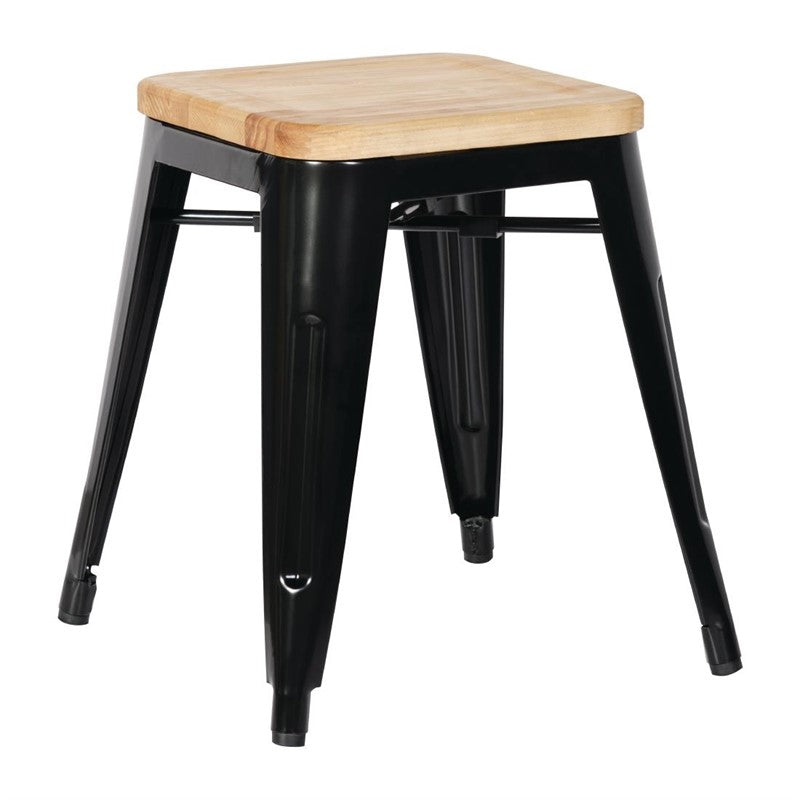 LOT DE 4 TABOURETS BISTRO BAS EN ACIER NOIR AVEC ASSISE EN BOIS