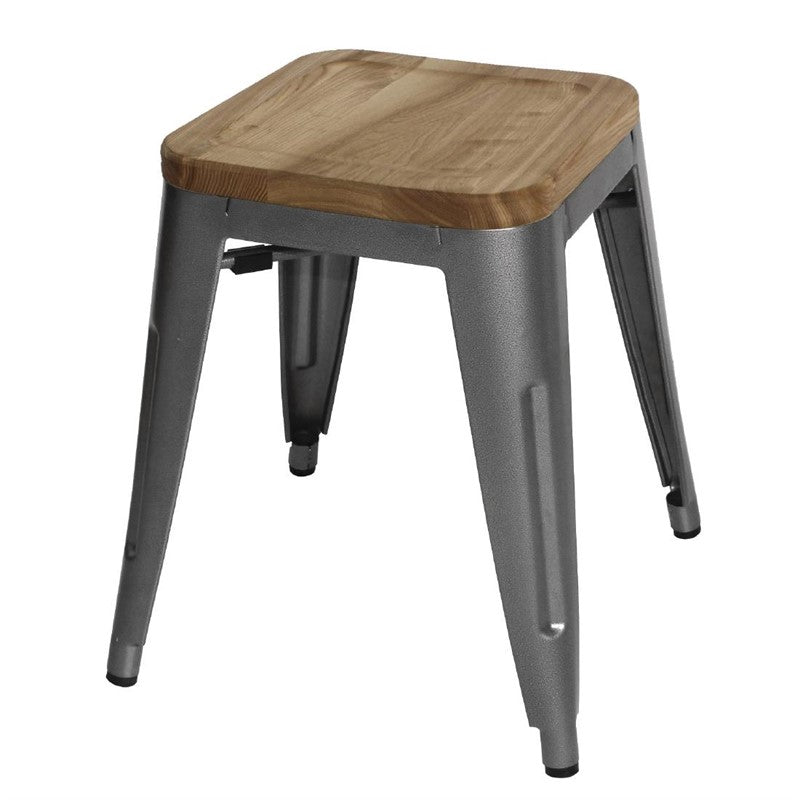 LOT DE 4 TABOURETS BISTRO BAS EN ACIER GRIS MÉTAL AVEC ASSISE EN BOIS