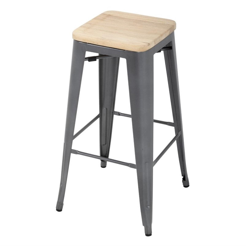 LOT DE 4 TABOURET BISTRO HAUT EN ACIER GRIS AVEC ASSISE EN BOIS