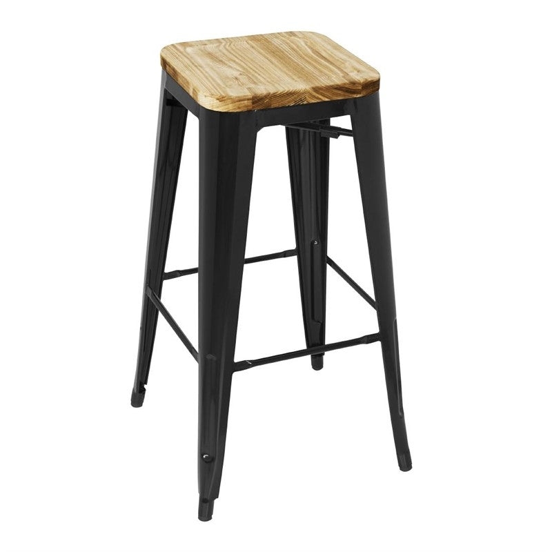 LOT DE 4 TABOURET BISTRO HAUT EN ACIER NOIR AVEC ASSISE EN BOIS