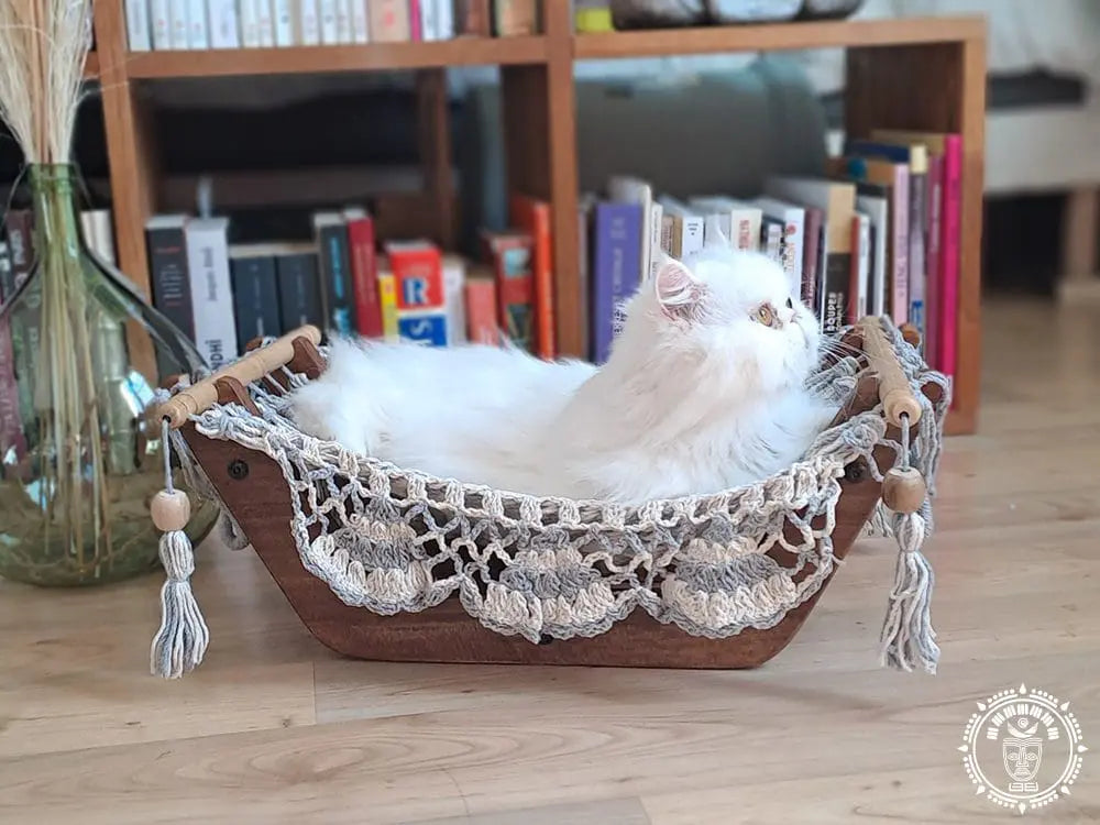 Ecru/pearl gray cat hammock + wooden support