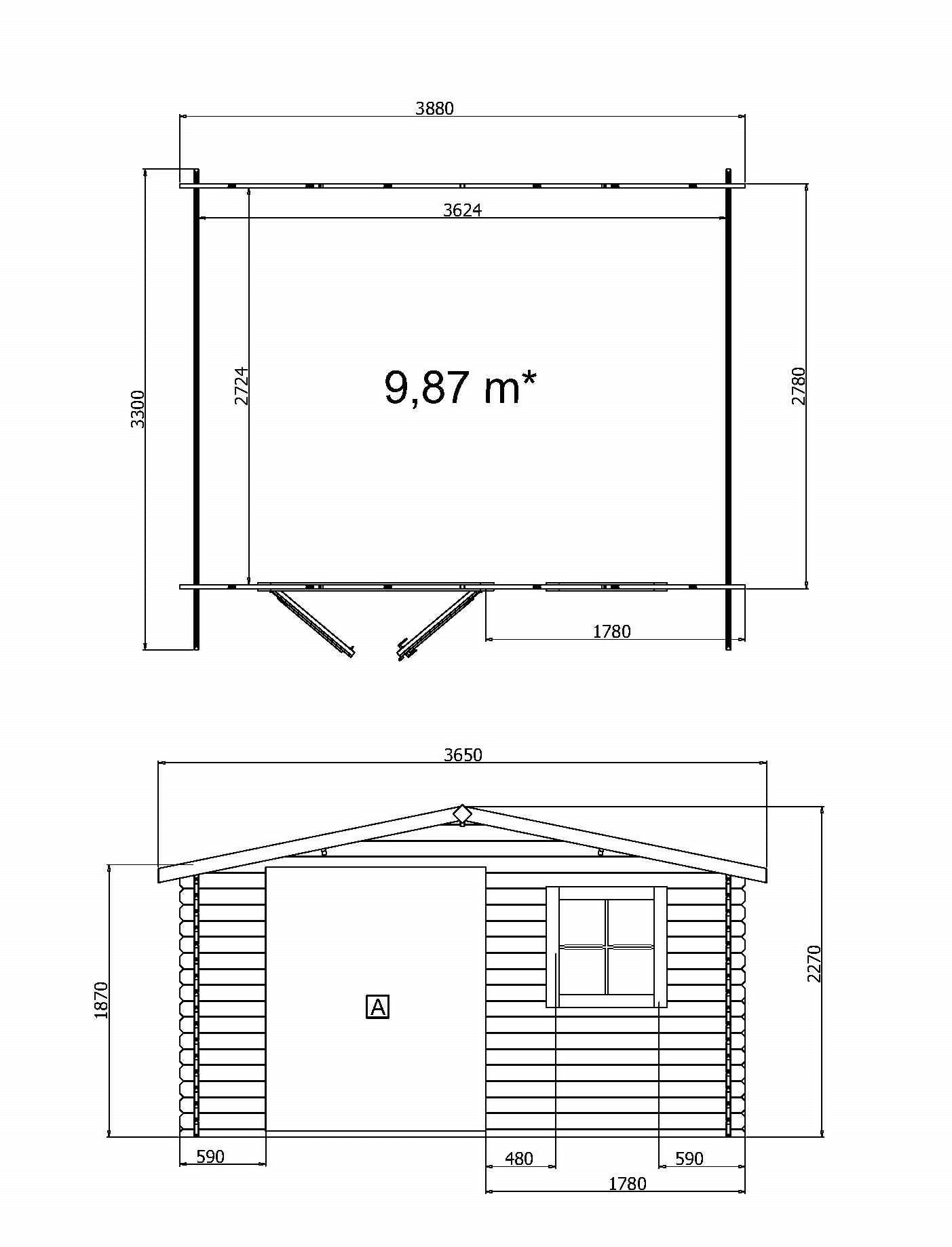 Abri de jardin en bois traité, ep 28mm, surface utile 9,9m², 388x298x235cm INT043/INEKSA