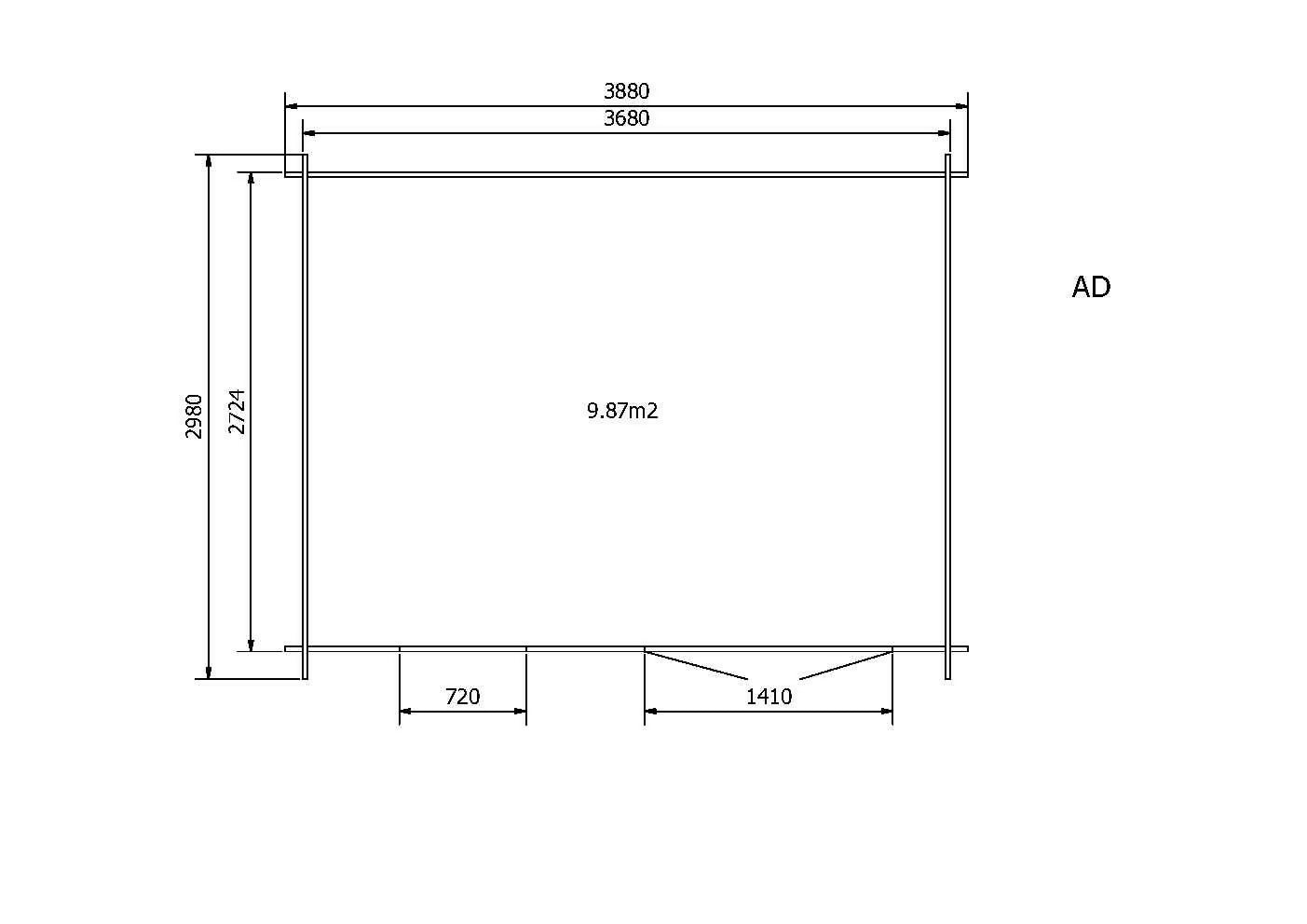 Abri de jardin en bois, ep 28mm, surface utile 9,9m², 388x298x208cm, INT023/INEKSA