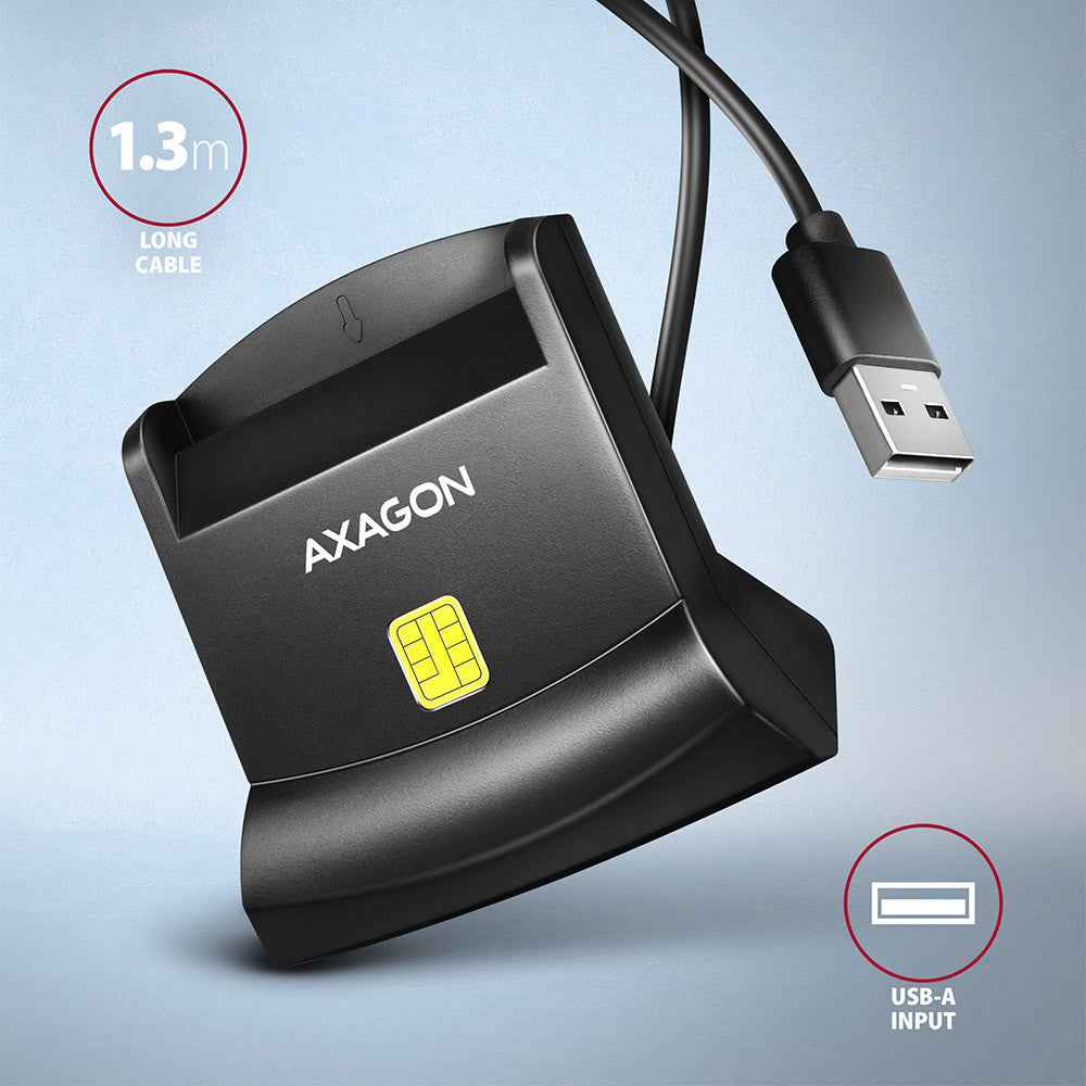 Universal desktop USB contact Smart/ID card reader with long USB-A cable.