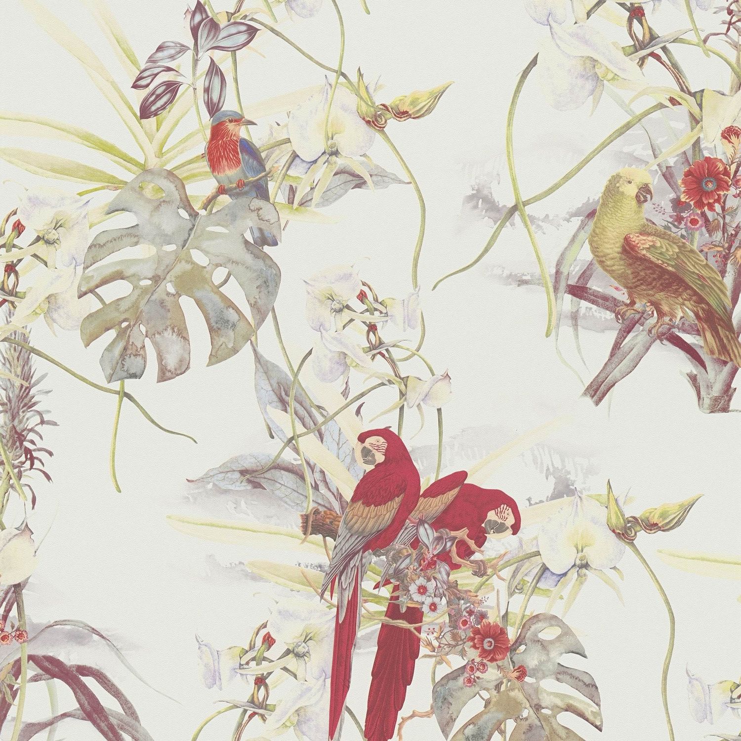 Papier peint moitf d'oiseaux Profhome 387251-GU papier peint intissé gaufré à chaud lisse avec des motifs d'oiseaux mat crème rouge vert pâle orangé jaune 5,33 m2