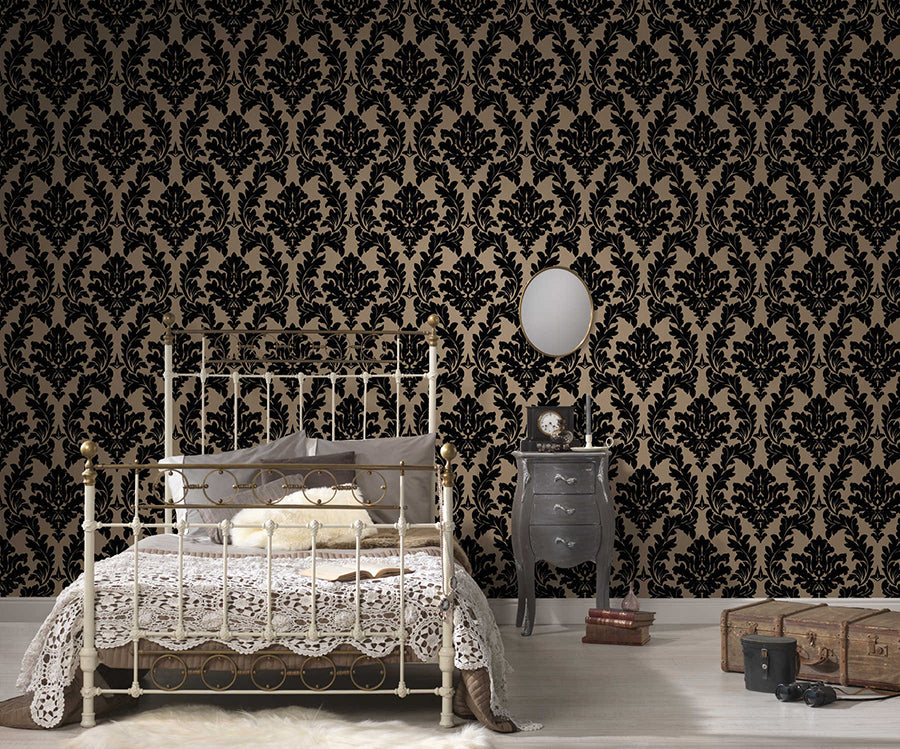 Baroque wallpaper Profhome 335804-GU lightly textured non-woven wallpaper in baroque style matt gold black 5.22 m2