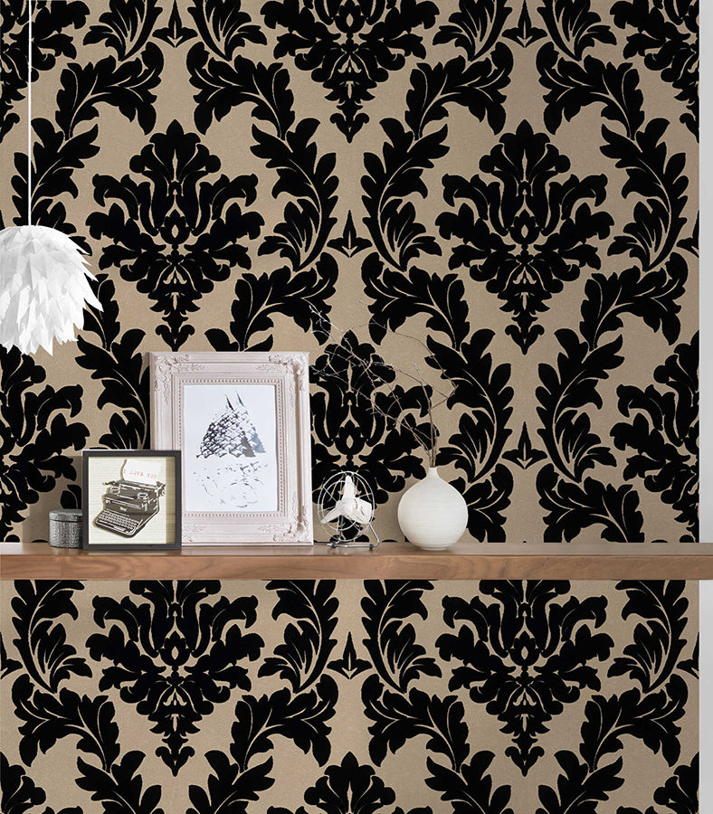 Baroque wallpaper Profhome 335804-GU lightly textured non-woven wallpaper in baroque style matt gold black 5.22 m2