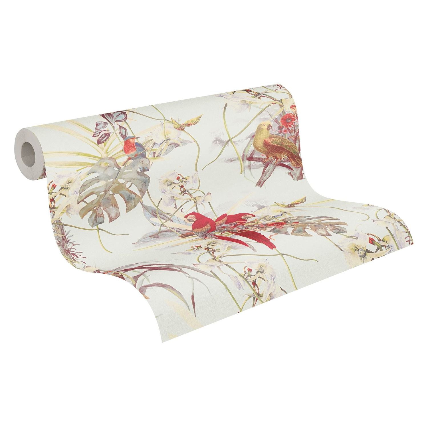 Papier peint moitf d'oiseaux Profhome 387251-GU papier peint intissé gaufré à chaud lisse avec des motifs d'oiseaux mat crème rouge vert pâle orangé jaune 5,33 m2 - 0