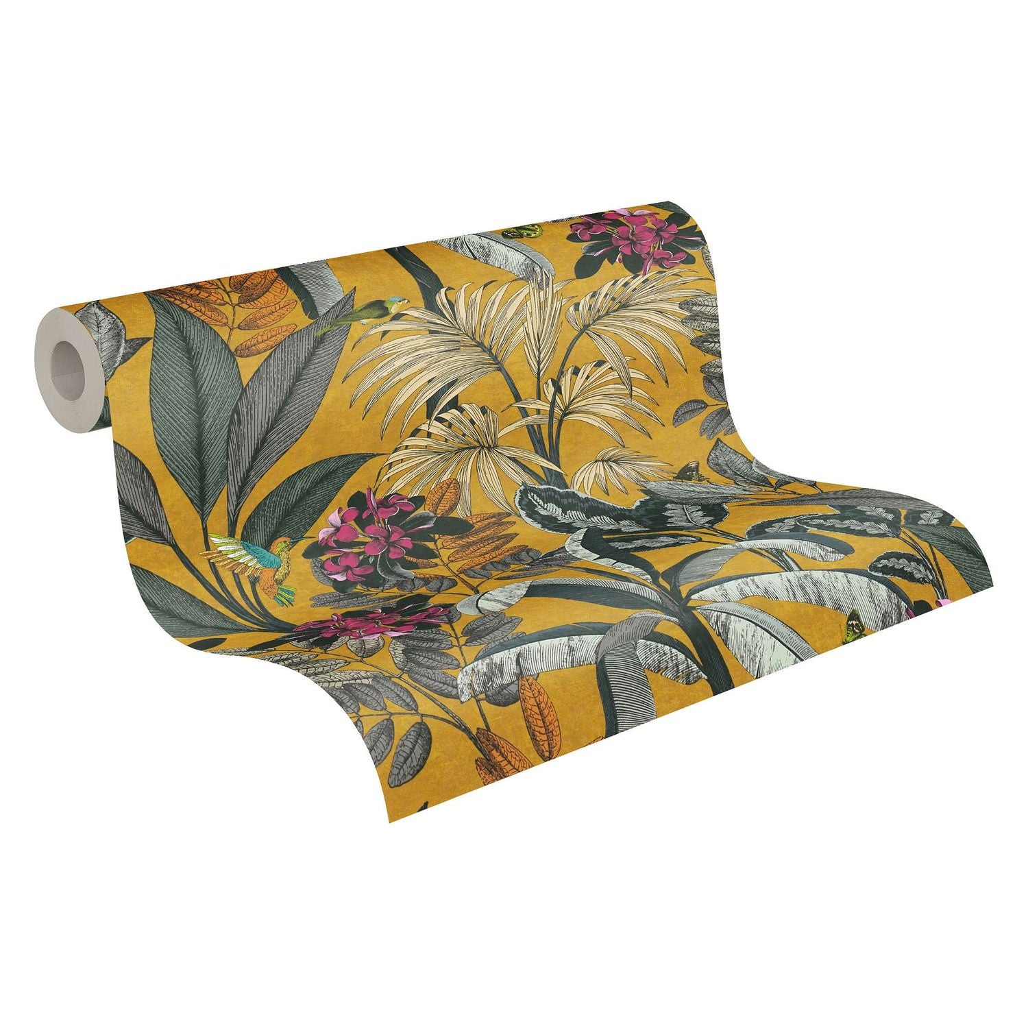 Papier peint moitf d'oiseaux Profhome 387381-GU papier peint non-tissé lisee sans texture lisse avec des colibris mat jaune gris violet turquoise 5,33 m2 - 0