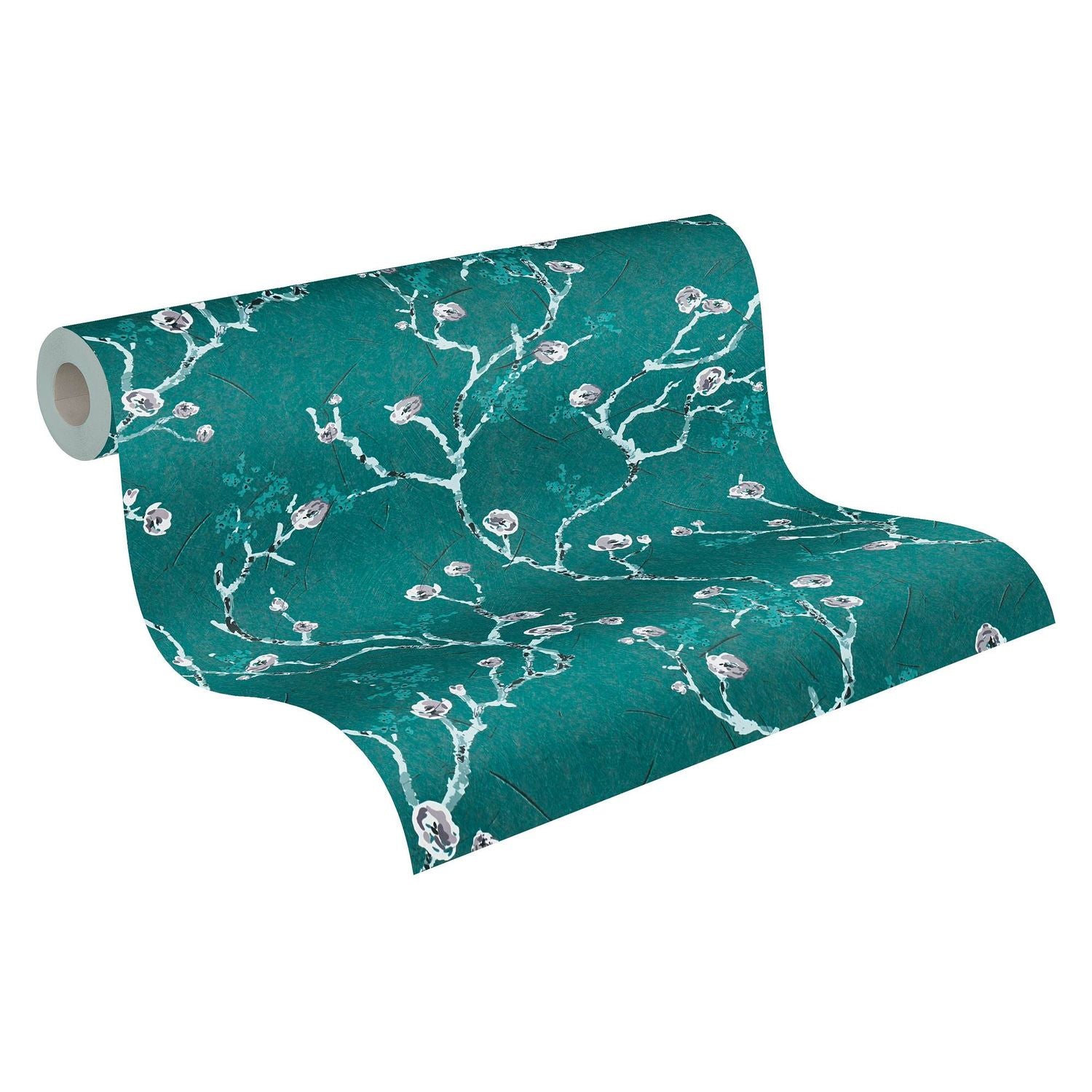 Papier peint floral Profhome 387394-GU papier peint non-tissé lisee sans texture lisse avec un dessin floral mat turquoise pétrole blanc gris 5,33 m2 - 0