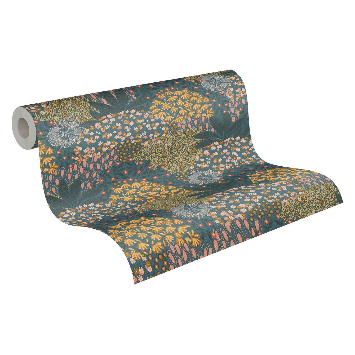 Papier peint floral Profhome 387404-GU papier peint intissé gaufré à chaud légèrement texturé avec un dessin floral mat turquoise pétrole jaune rose 5,33 m2 - 0