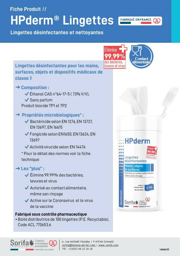 SORIFA – HPderm Lingettes désinfectantes - Désinfection des mains, surfaces, objets et dispositifs de classe 1 - Autorisé au contact alimentaire sans rinçage - Boite de 100 lingettes - Clicktofournisseur.com