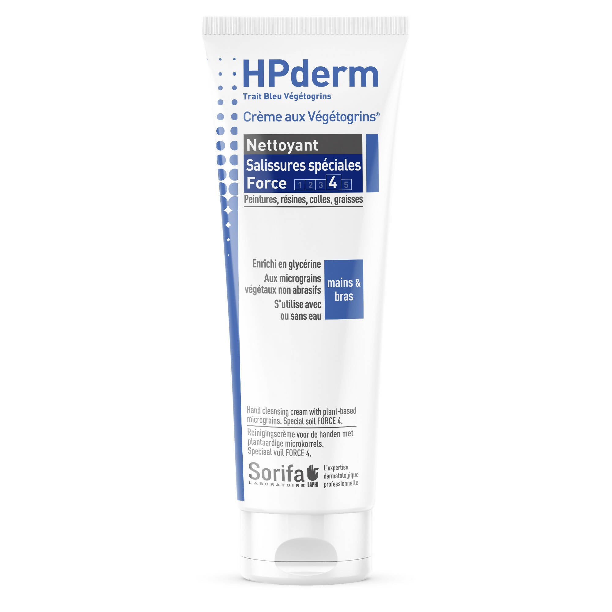 SORIFA - HPderm Crème nettoyante aux Végétogrins Force 4 - Mains et bras – Salissures spéciales – Graisse, peinture, encre, mastic, goudron, colle, mousse - Sans savon – Tube 125 ml. - Clicktofournisseur.com