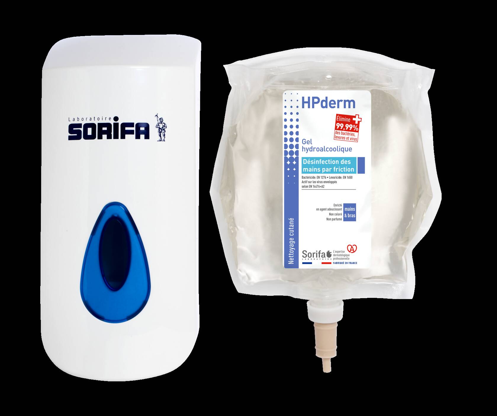 SORIFA – HPderm Gel hydroalcoolique - Désinfection des mains par friction - Mains, bras - Enrichi en glycérine - Sans parfum – Poche 800 ml pour distributeur mural SORIBAG - Clicktofournisseur.com