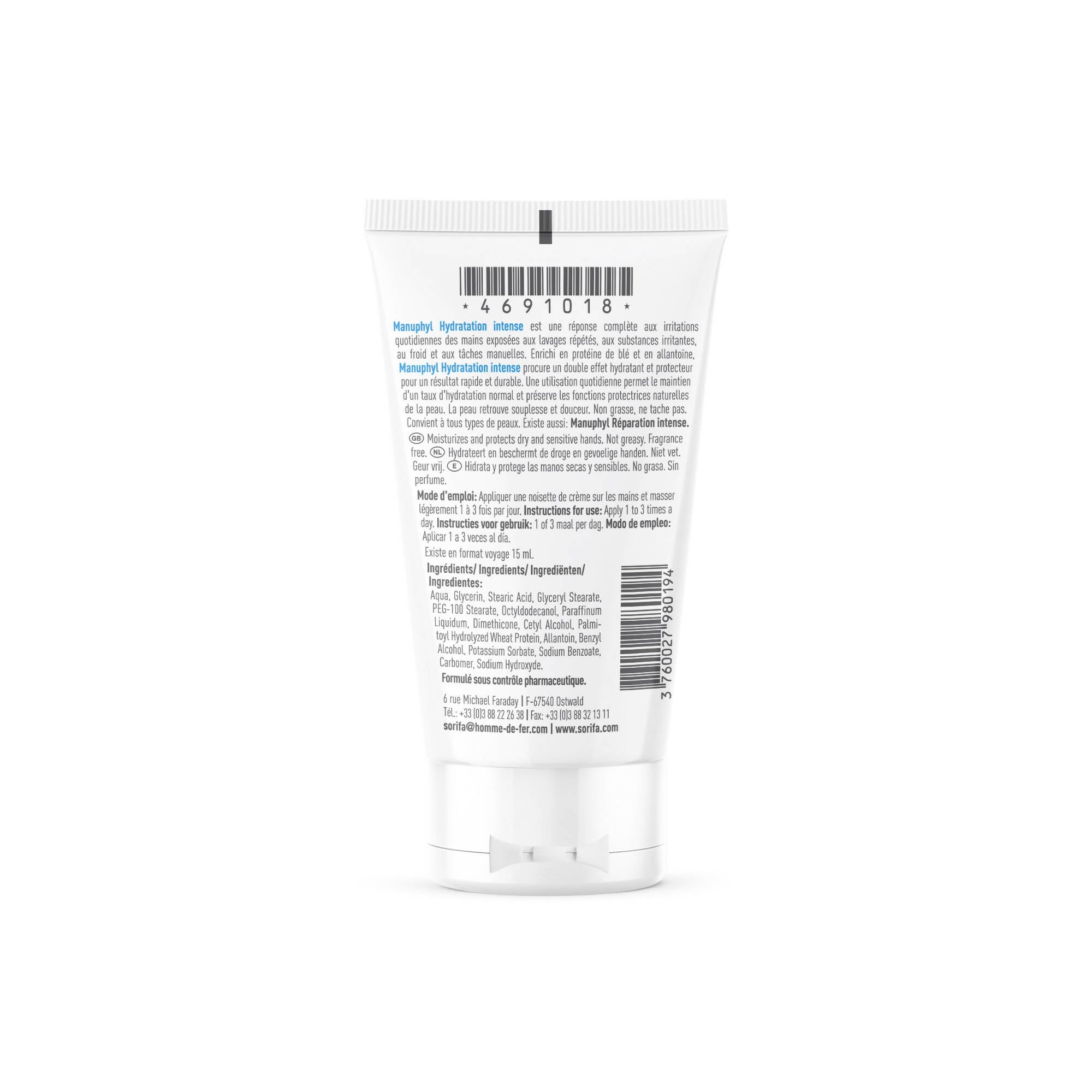 SORIFA - Carton complet de 50 - Manuphyl Crème mains Hydratation Intense - Hydratante et protectrice - Mains sèches et sensibles - Non grasse, sans parfum, enrichie en allantoine et protéines de blé - Tube 50 ml