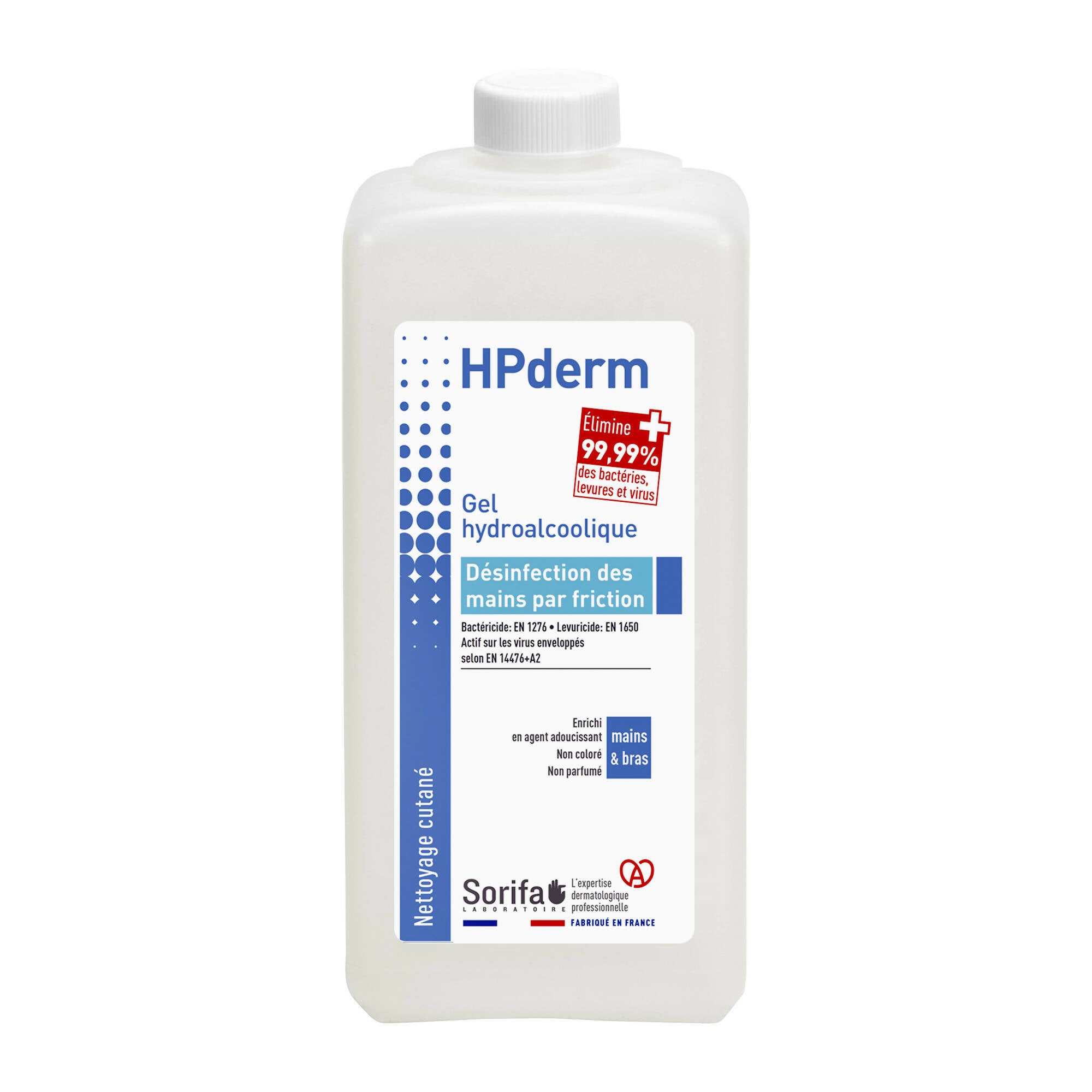 SORIFA – HPderm Gel hydroalcoolique - Désinfection des mains par friction - Mains, bras - Enrichi en glycérine - Sans parfum – Flacon 1L - Clicktofournisseur.com