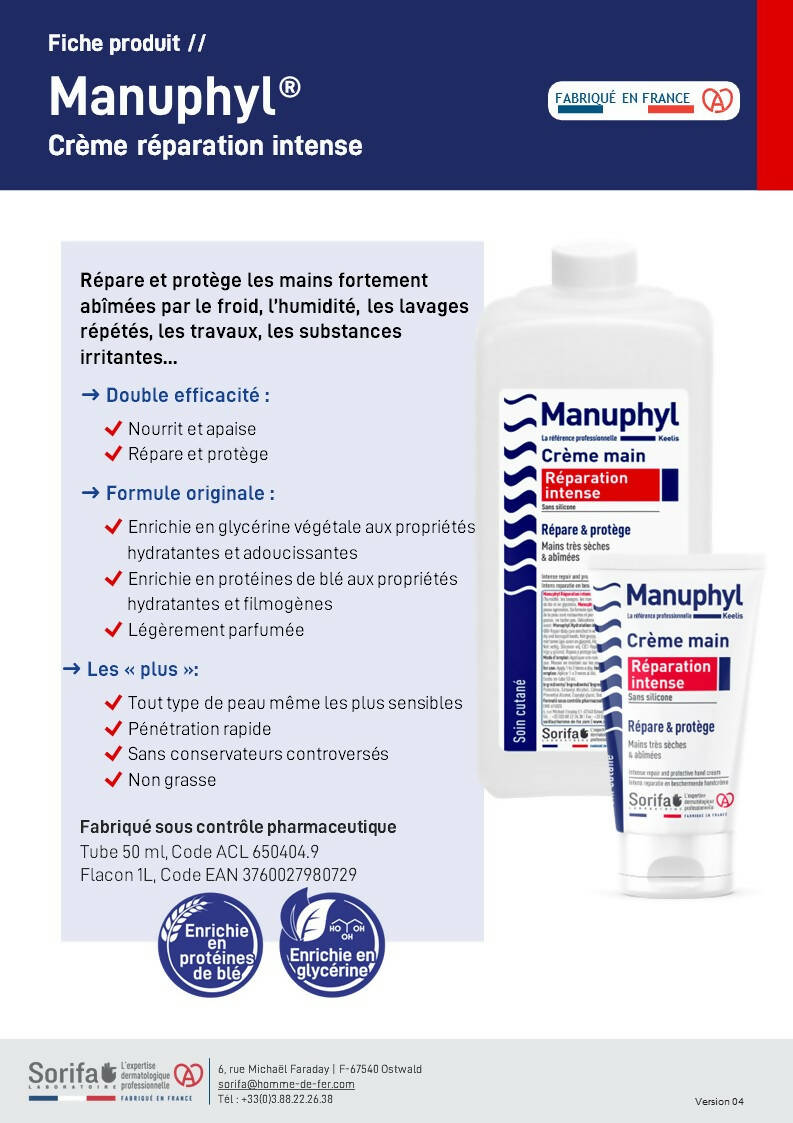 SORIFA - Manuphyl Crème main Réparation Intense / Keelis – Répare et protège – Mains très sèches et abîmées - Peu grasse, légèrement parfumée, enrichie en glycérine et protéines de blé - Tube 50 ml