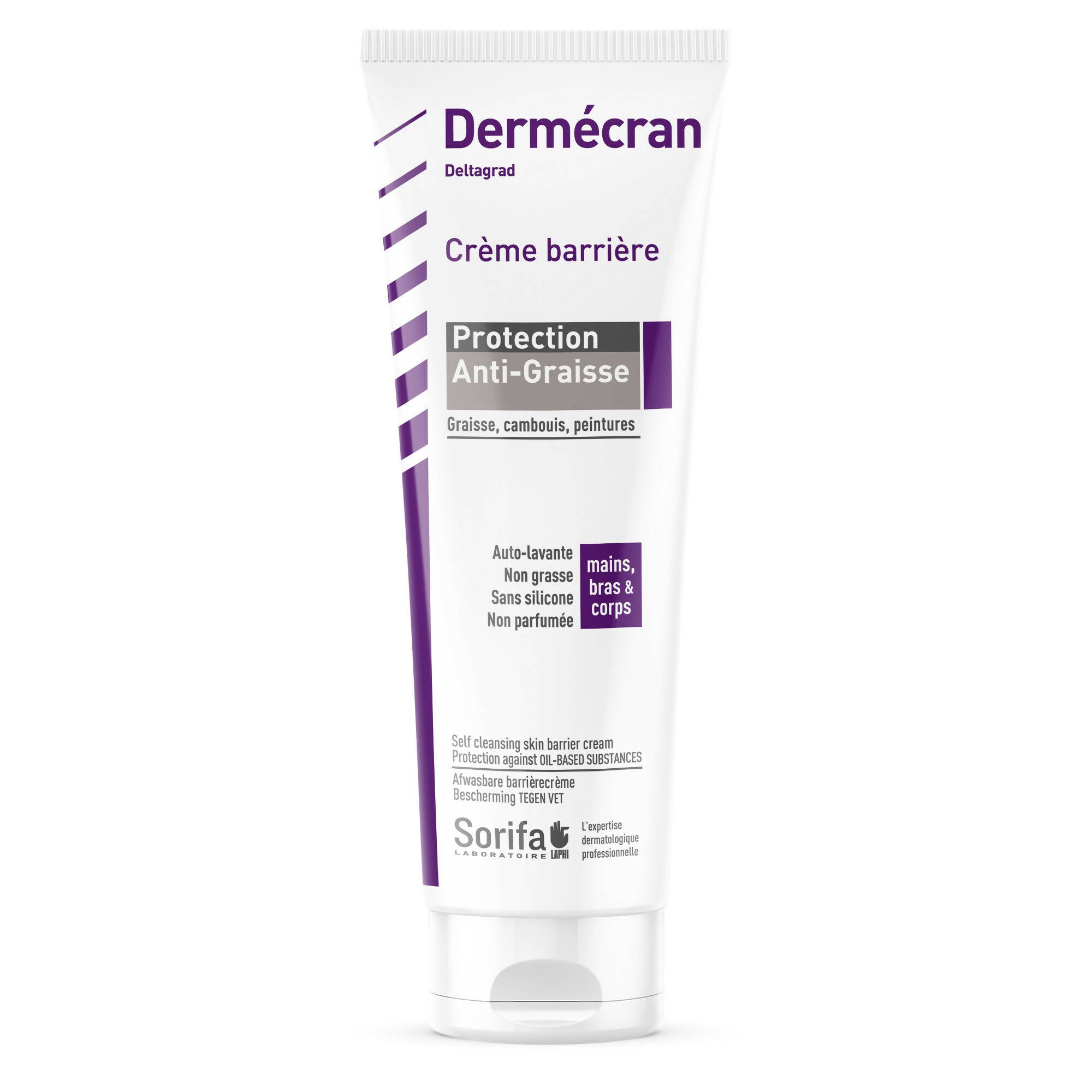 SORIFA - Dermécran - Crème Barrière - Protection ANTI-GRAISSES / Deltagrad - Mains, bras et corps – Haute tolérance - Sans parfum - Tube 125 ml. - Clicktofournisseur.com