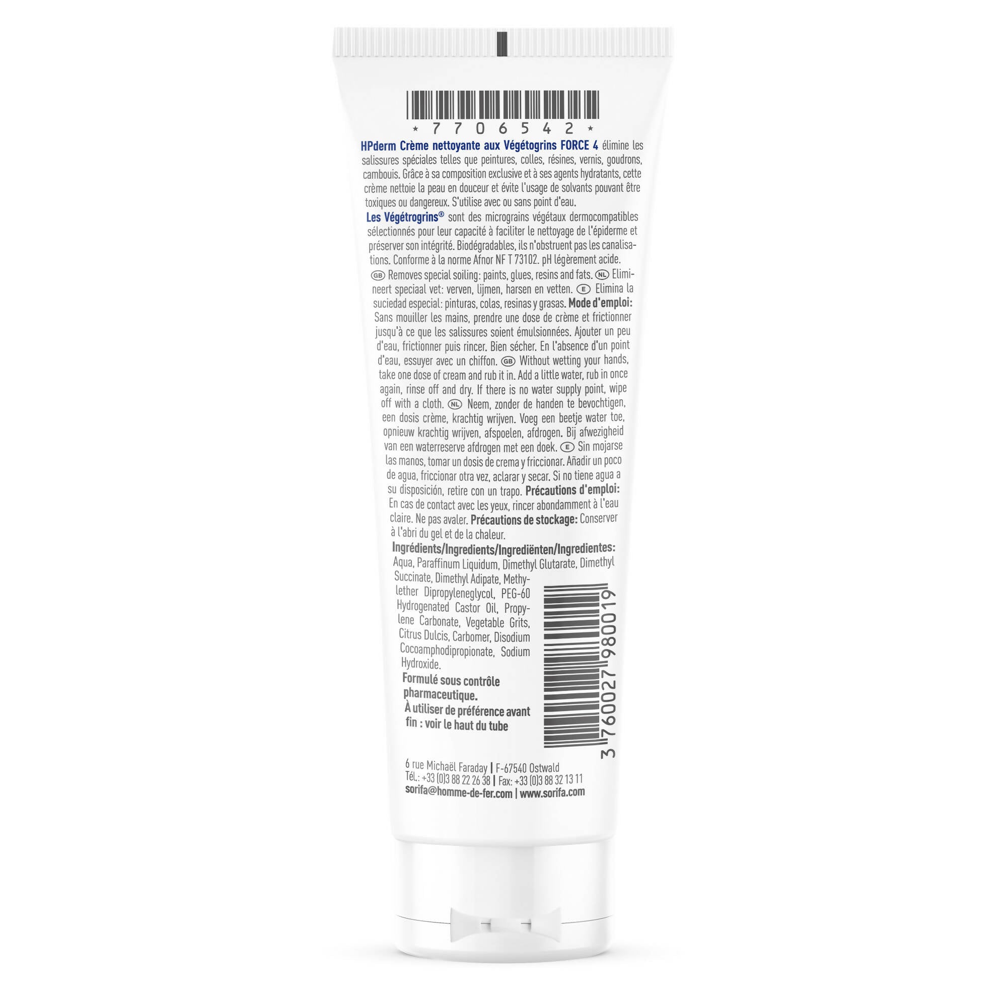 SORIFA - HPderm Crème nettoyante aux Végétogrins Force 4 - Mains et bras – Salissures spéciales – Graisse, peinture, encre, mastic, goudron, colle, mousse - Sans savon – Tube 125 ml. - Clicktofournisseur.com