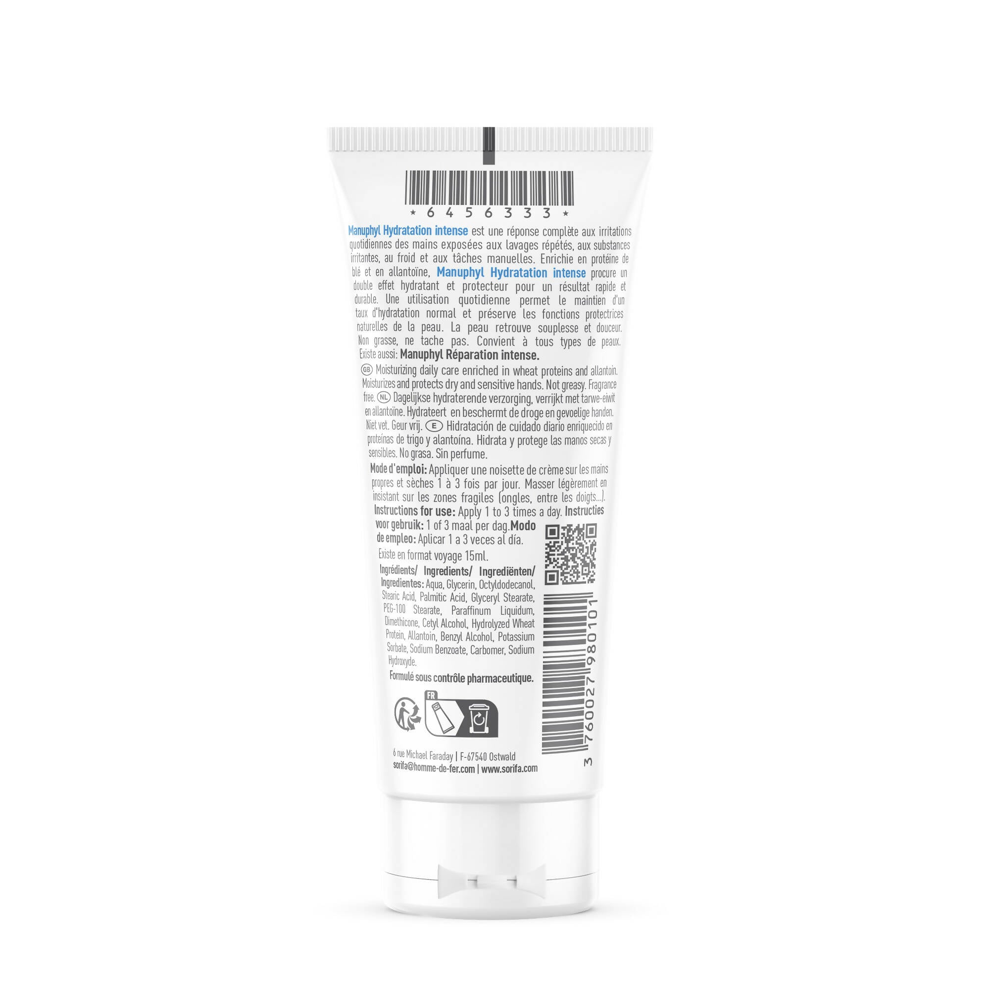 SORIFA - Carton complet de 40 - Manuphyl Crème mains Hydratation Intense - Hydratante et protectrice - Mains sèches et sensibles - Non grasse, sans parfum, enrichie en allantoine et protéines de blé - Tube 100 ml