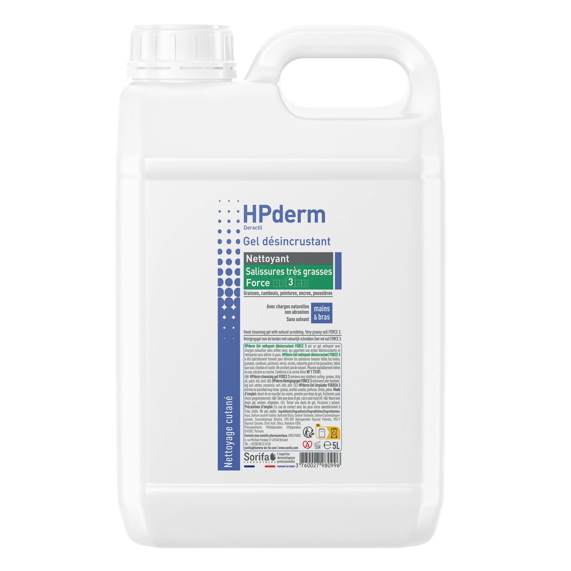 SORIFA - HPderm Gel nettoyant désincrustant Force 3 / Deractil – Mains, bras – Salissures très grasses – Graisse, cambouis, peinture, encre – Avec charge naturelle, parfumé, sans solvant – Bidon 5L. - Clicktofournisseur.com