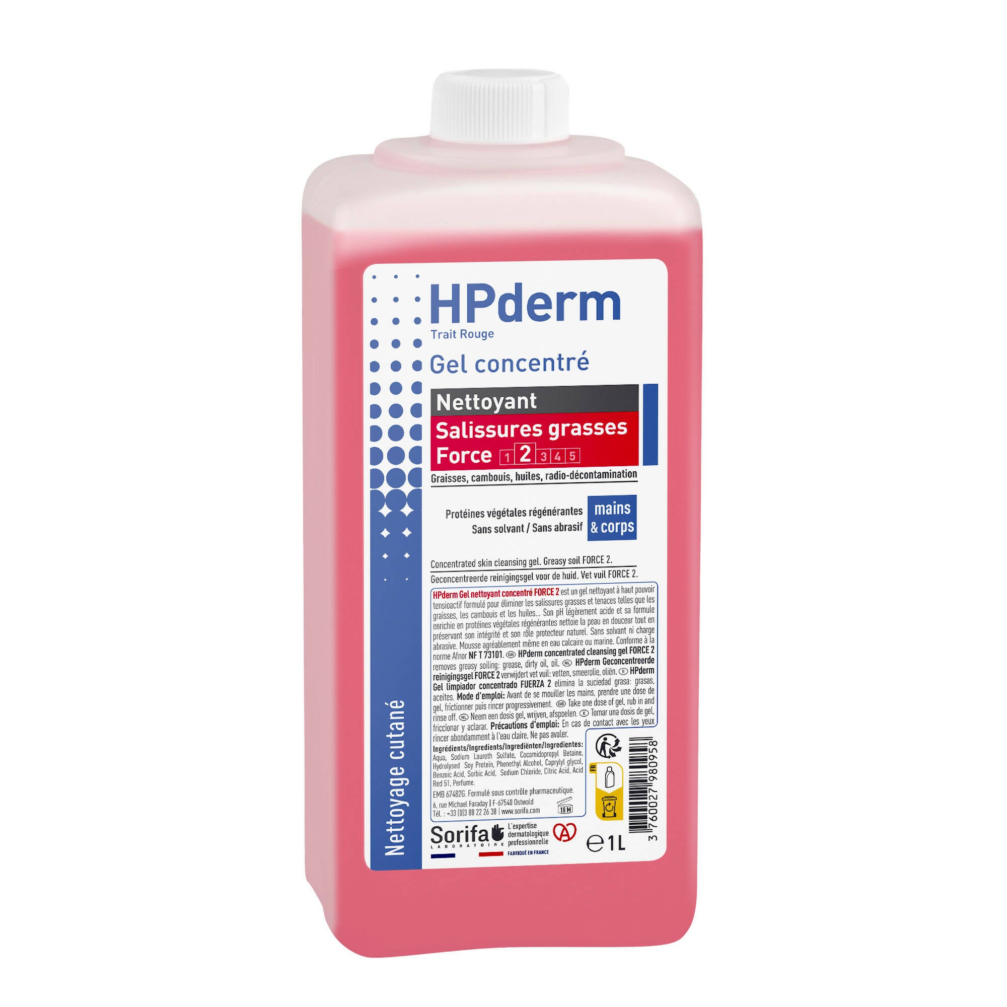 SORIFA - HPderm Gel nettoyant concentré Force 2 - Mains et corps – Salissures grasses – Graisse, cambouis, huile, graphite – Parfumé - Sans savon, sans solvant, sans abrasif – Flacon 1L. - Clicktofournisseur.com