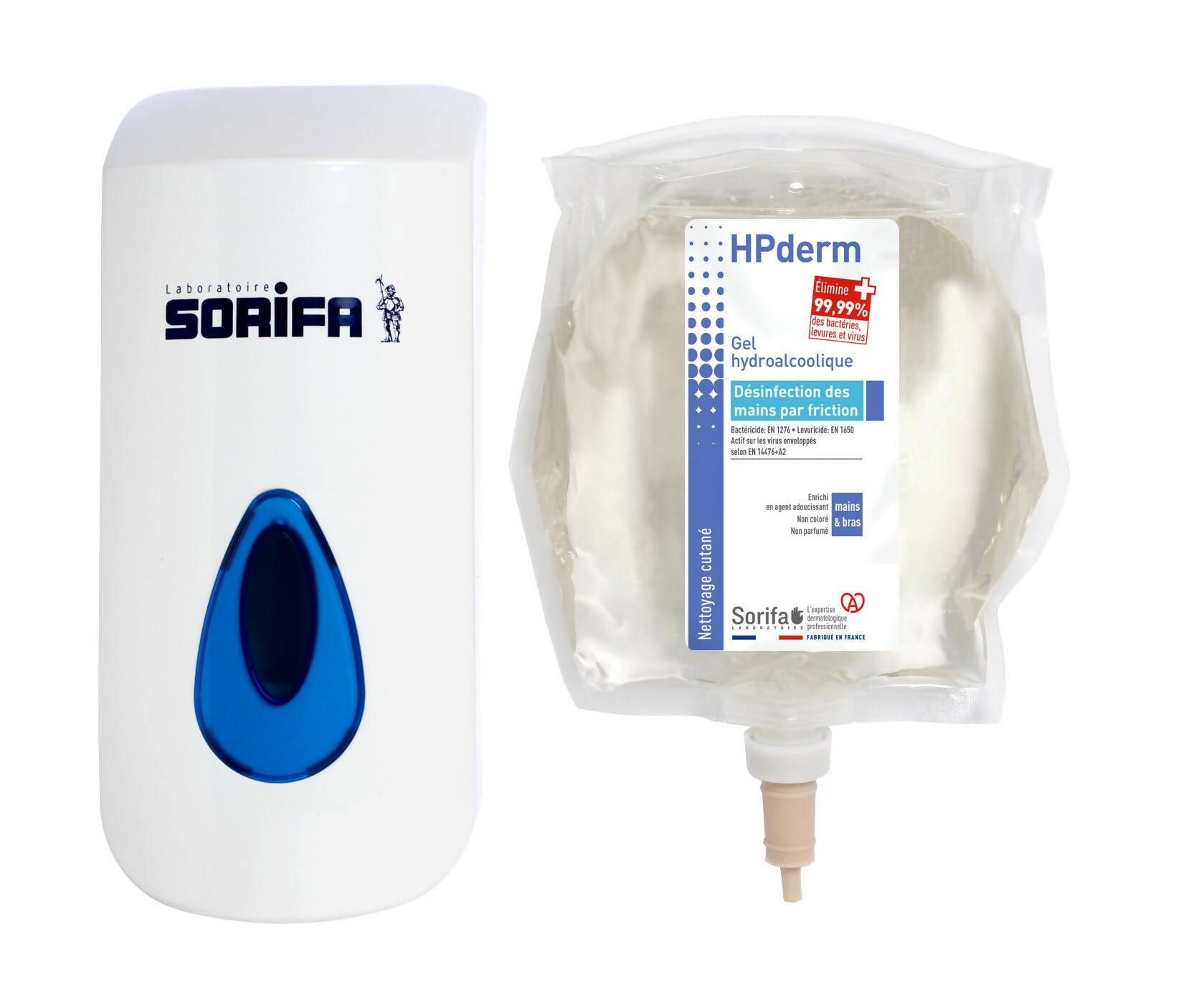 SORIFA – HPderm Gel hydroalcoolique - Désinfection des mains par friction - Mains, bras - Enrichi en glycérine - Sans parfum – Poche 800 ml pour distributeur mural SORIBAG - Clicktofournisseur.com