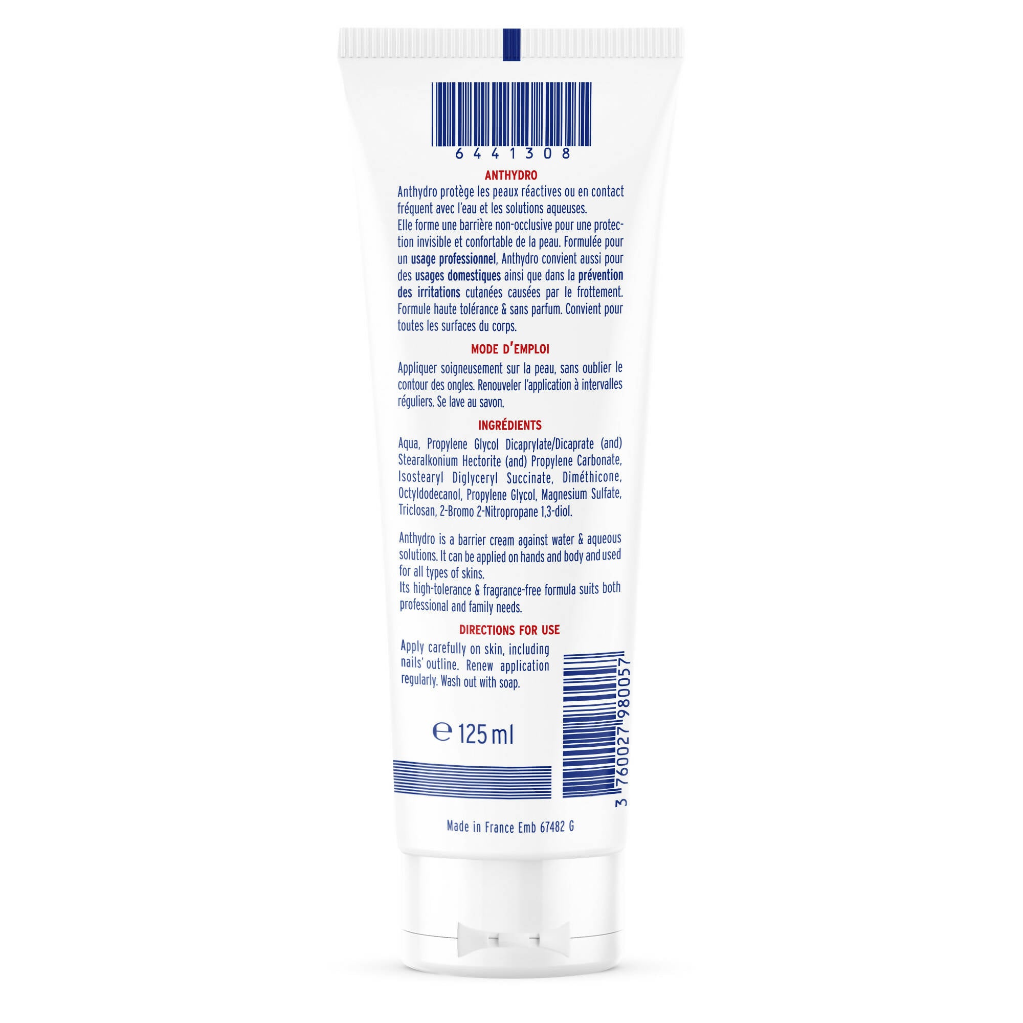 SORIFA - Lot de 40 - ANTHYDRO - Crème Barrière - Protection ANTI-EAU – ANTI-FROTTEMENT - Mains, visage et corps – Haute tolérance - Sans parfum -Tube 125 ml - Clicktofournisseur.com