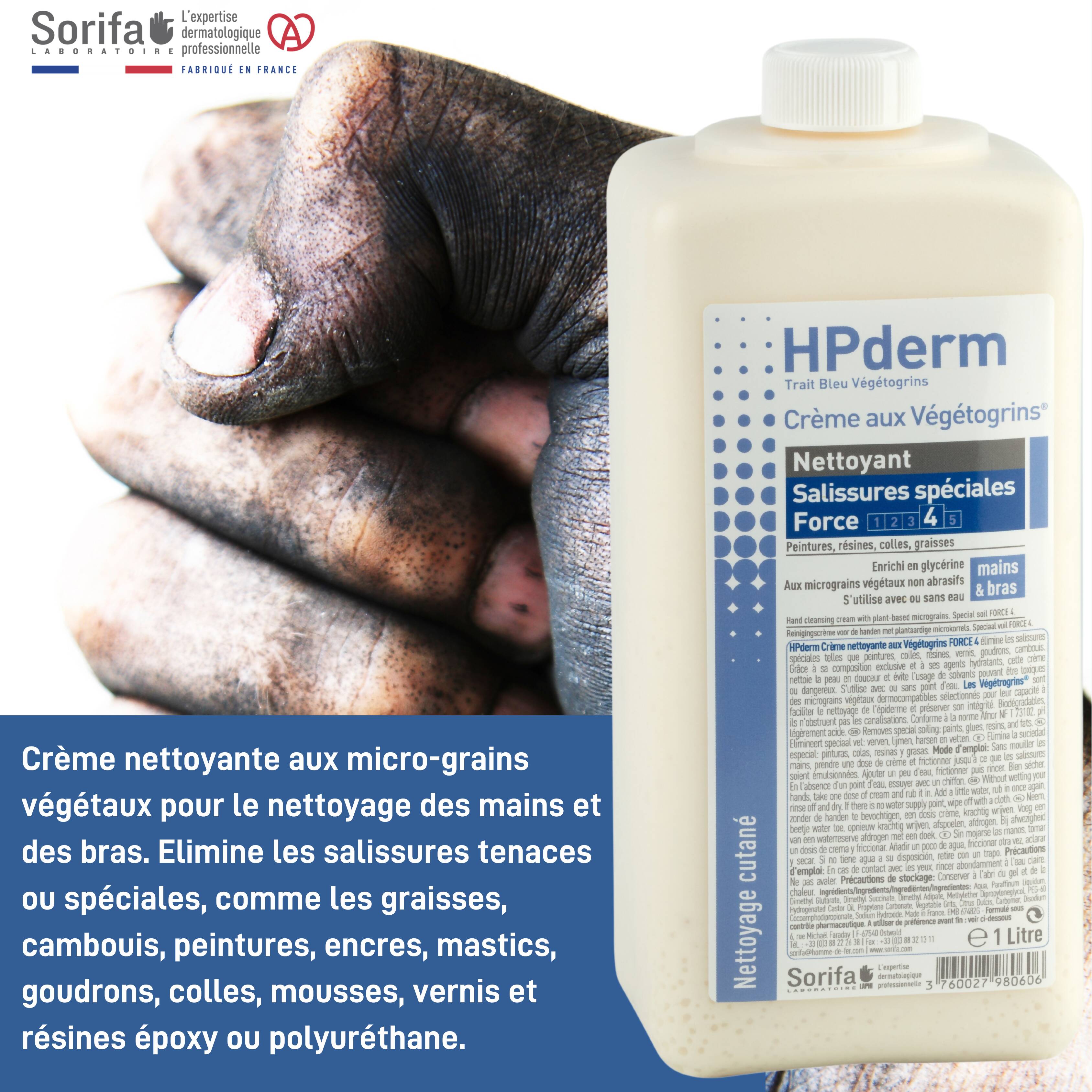 SORIFA - HPderm Crème nettoyante aux Végétogrins Force 4 - Mains et bras – Salissures spéciales – Graisse, peinture, encre, mastic, goudron, colle, mousse - Sans savon – Tube 125 ml. - Clicktofournisseur.com