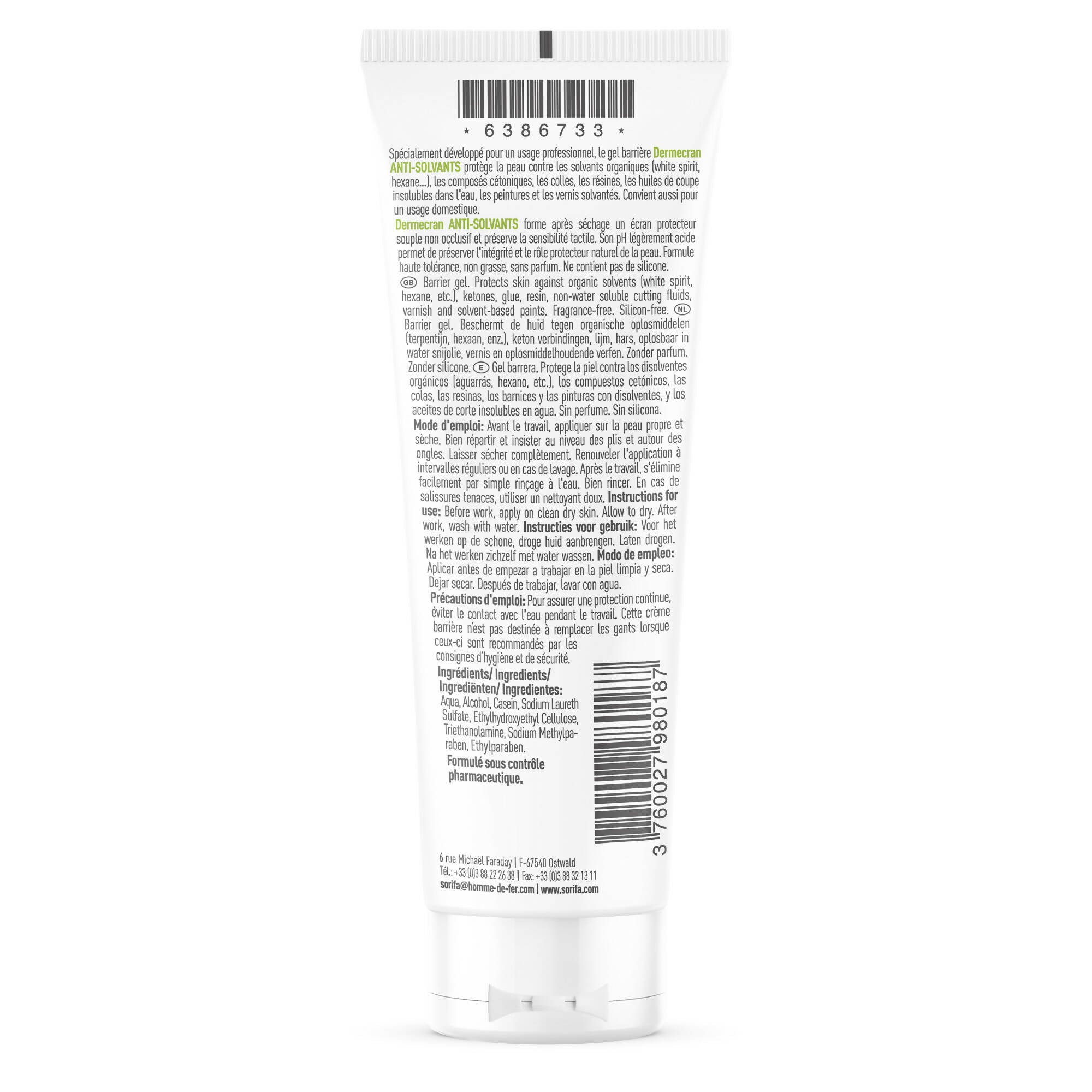 SORIFA - Lot de 3 - Dermécran – Gel barrière - Protection ANTI-SOLVANTS – Solvants, résines, colles, vernis – Mains, visage, corps – Formule haute tolérance - Sans parfum – Tube 125 ml.